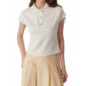 NEW EXQUISE juniper polo collar t-shirt with button detail in ecru